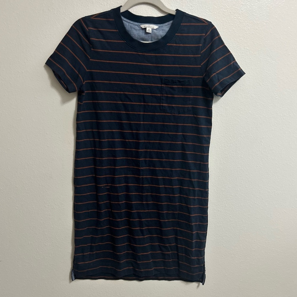 LL Bean navy and orange striped tshirt dress